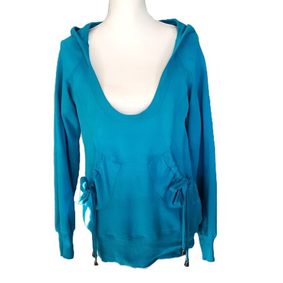 Y2K Karen Kane Hoodie Sweatshirt Pullover Drawstring Pockets Scoop Neck Teal Lrg - Picture 1 of 7